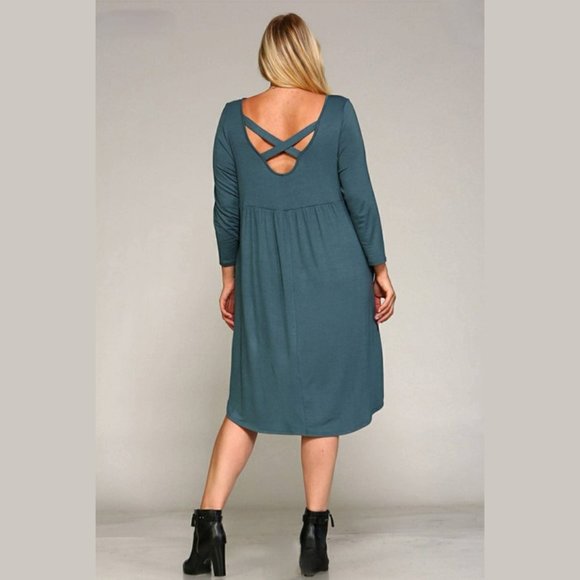 Plus Size 3/4 Sleeve Solid Jersey Babydoll Dress with Pockets in Plum - Picture 2 of 2